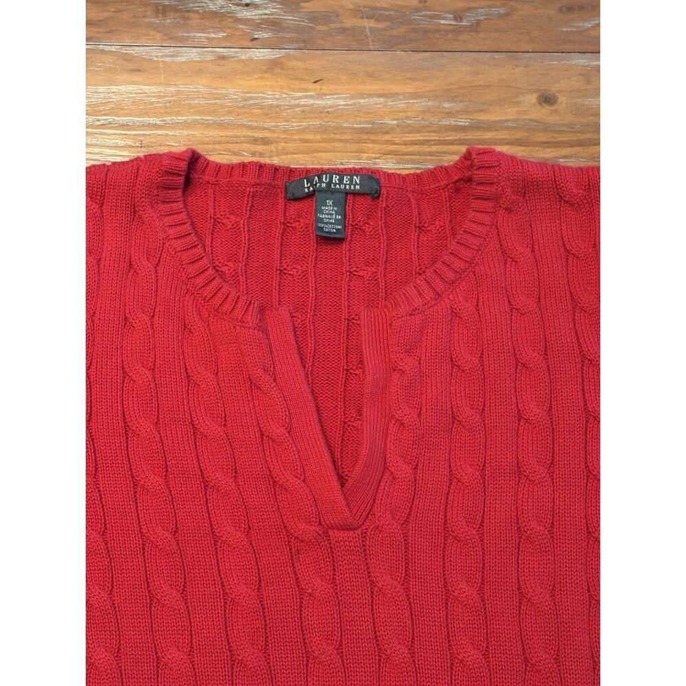 Lauren Ralph Lauren Sweater Womens 1X Red Cable Knit Cotton V Neck Pullover - Picture 2 of 13